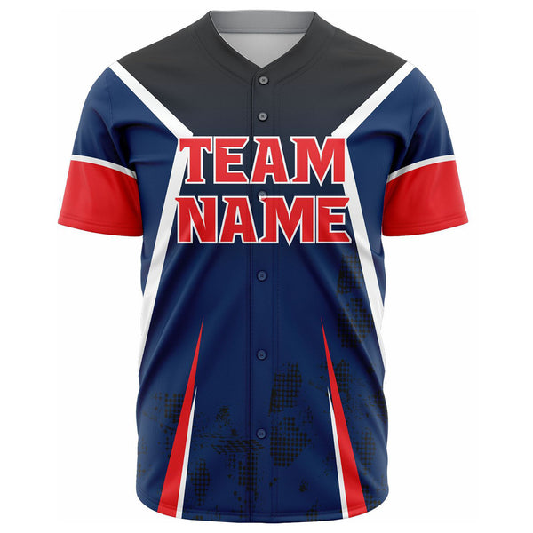 Red and Black 2 button baseball jersey with team name in tackle